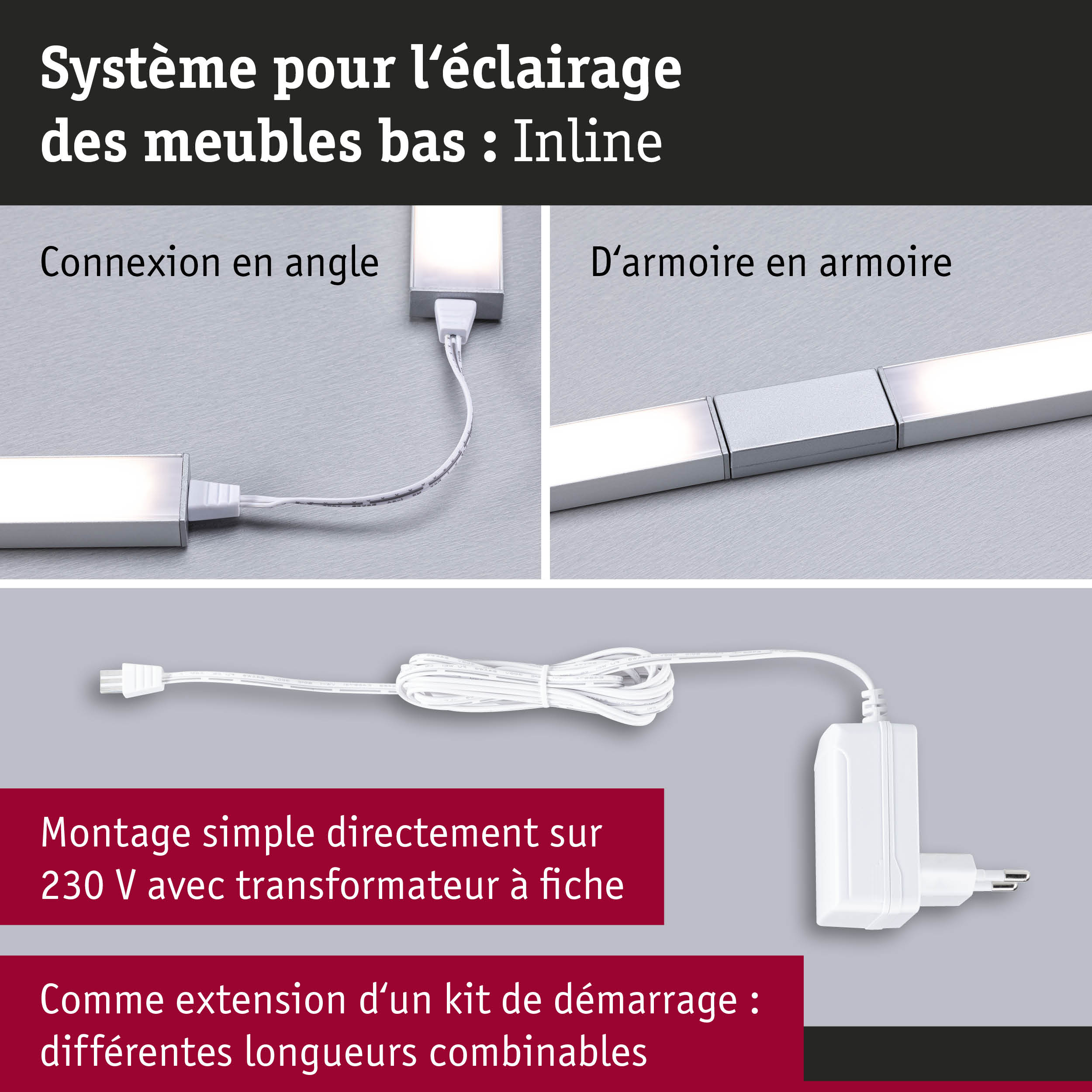 Système d'éclairage blanc en ligne avec connexion en angle et d'armoire en armoire pour meubles