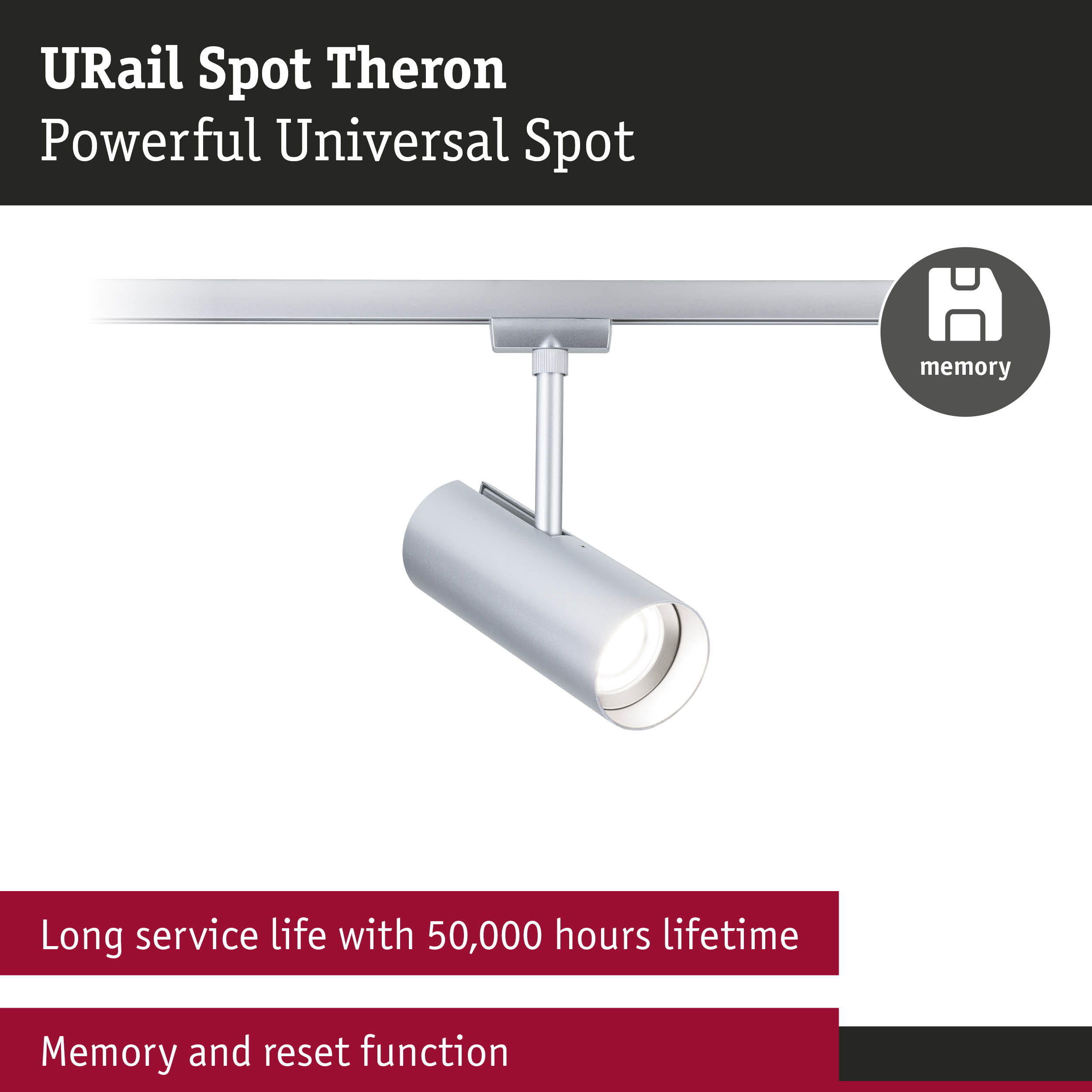 URail Spot Theron matte silver spotlight with memory function and 50,000 hours long service life