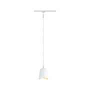 White metal pendant lamp with asymmetrical shade and warm white light for modern interior lighting