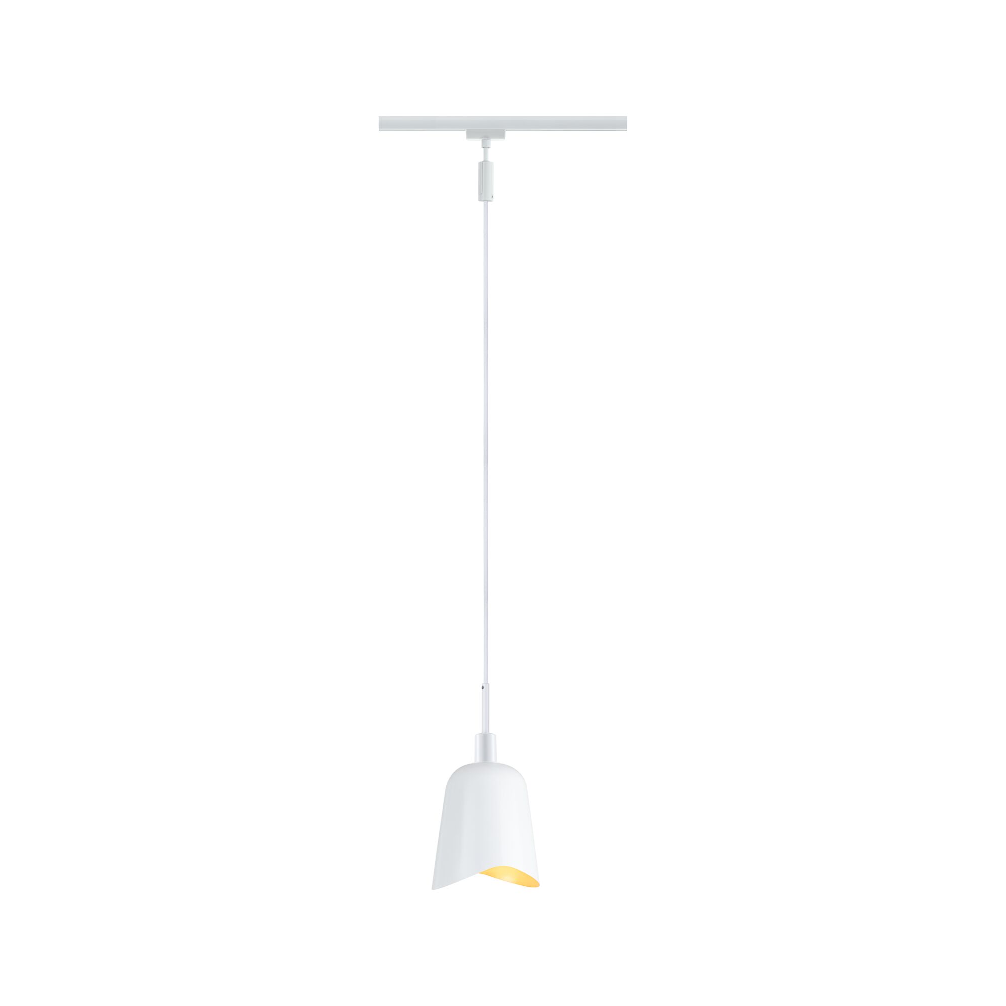 White metal pendant lamp with asymmetrical shade and warm white light for modern interior lighting