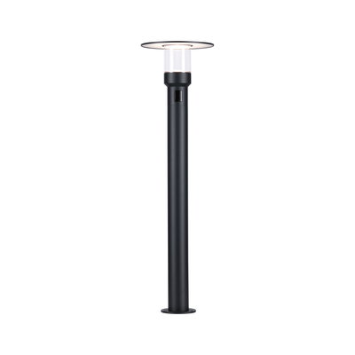 Black metal outdoor lamp with clear glass and flat shade for garden lighting