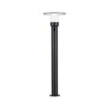 Black metal outdoor lamp with clear glass and flat shade for garden lighting