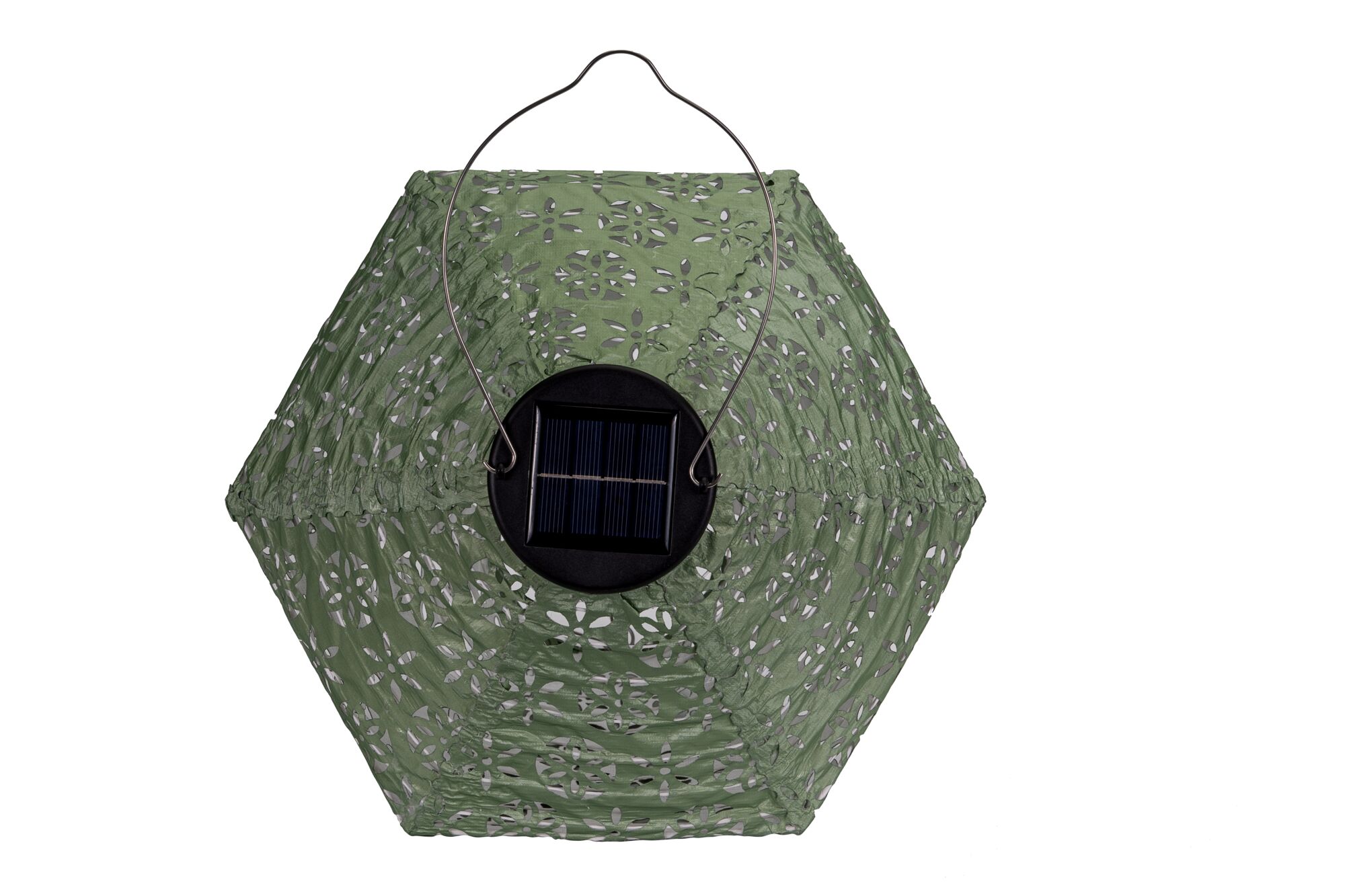 Groene zeshoekige papieren lampion met zonnepaneel en metalen handvat voor buitenverlichting