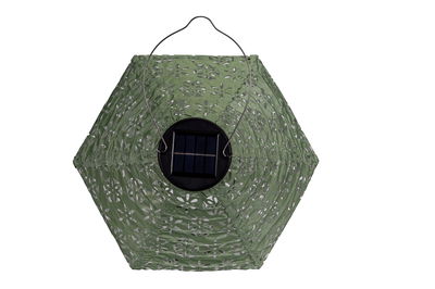 Groene zeshoekige papieren lampion met zonnepaneel en metalen handvat voor buitenverlichting