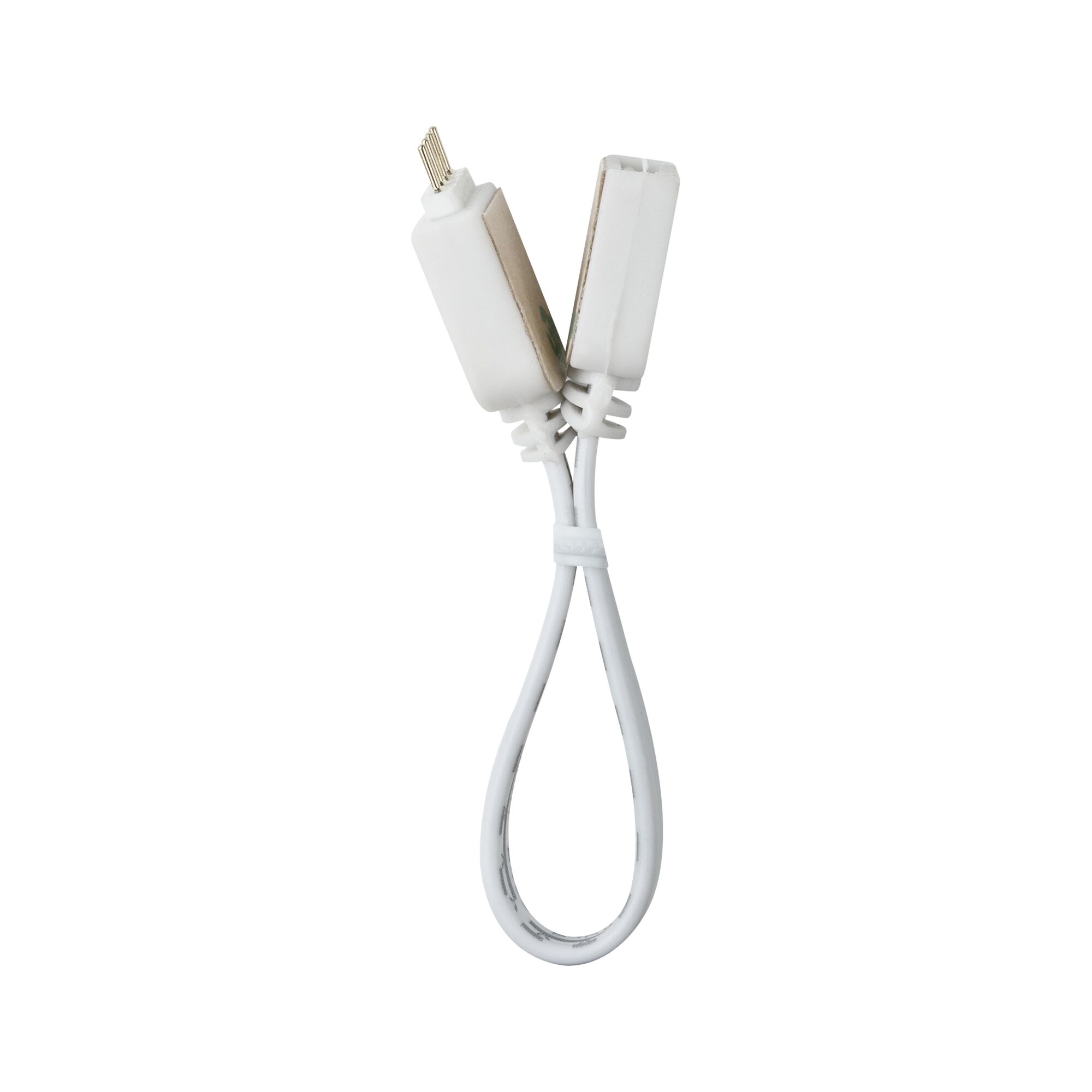 White plastic connector cable with two plugs for LED lighting systems and accessories.