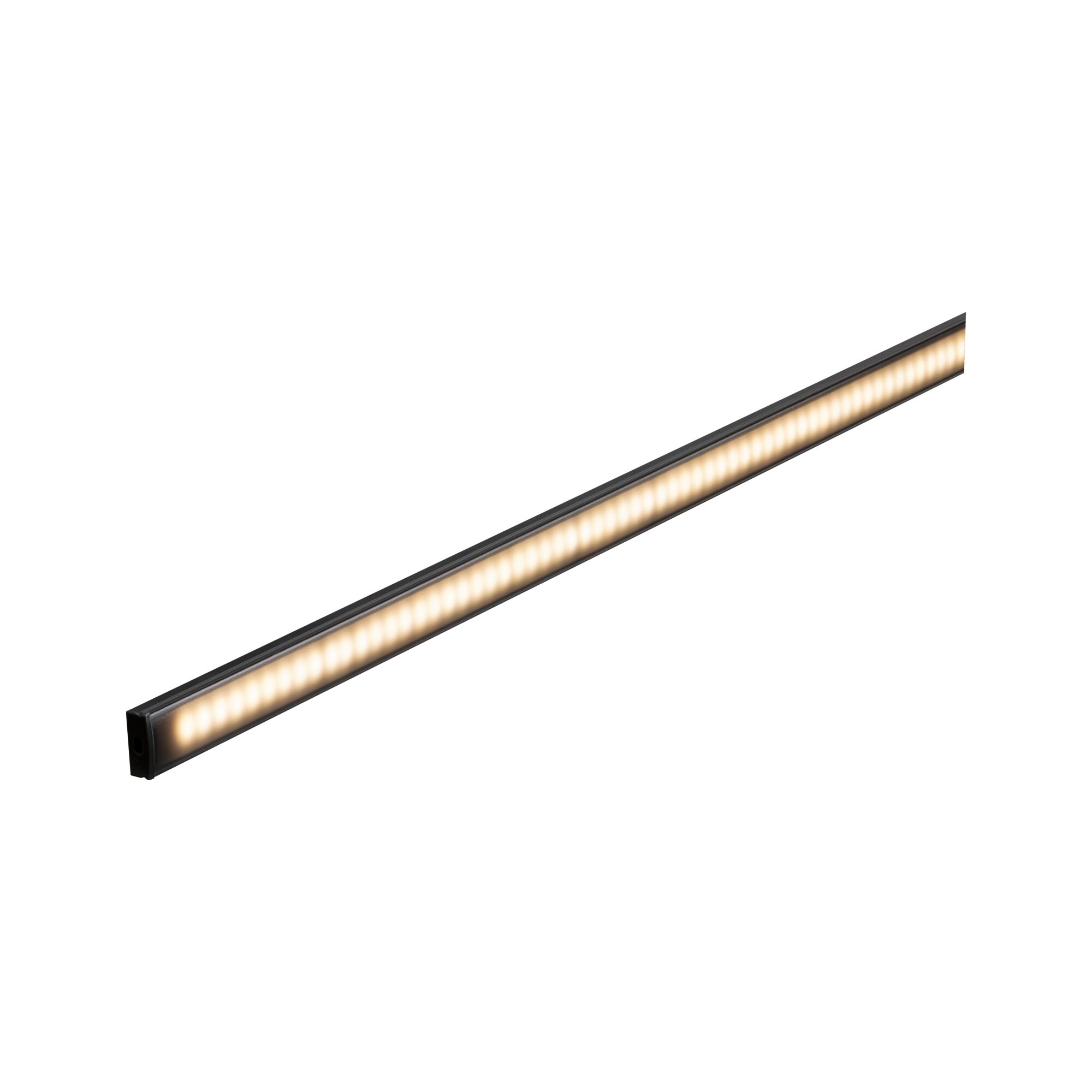 Slim black LED light bar with warm white light for modern indoor lighting solutions.