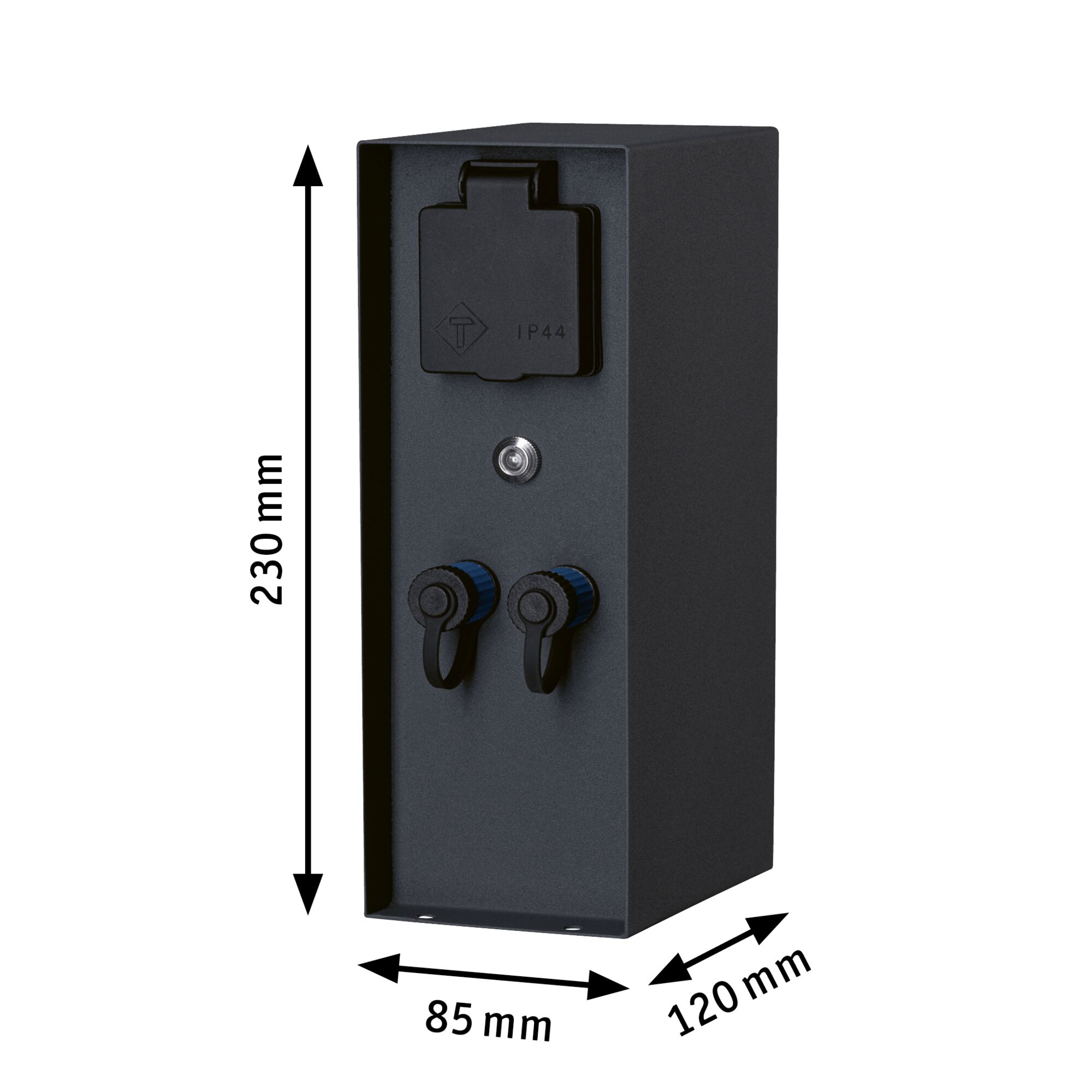 Black metal socket box with IP44 protection, two outlets and cover flap, dimensions 230x85x120 mm