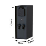 Black metal socket box with IP44 protection, two outlets and cover flap, dimensions 230x85x120 mm