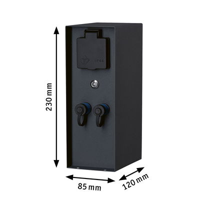 Black metal socket box with IP44 protection, two outlets and cover flap, dimensions 230x85x120 mm