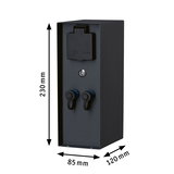 Sort metalstikdåse med IP44 beskyttelse, to stik og dæksel, mål 230x85x120 mm