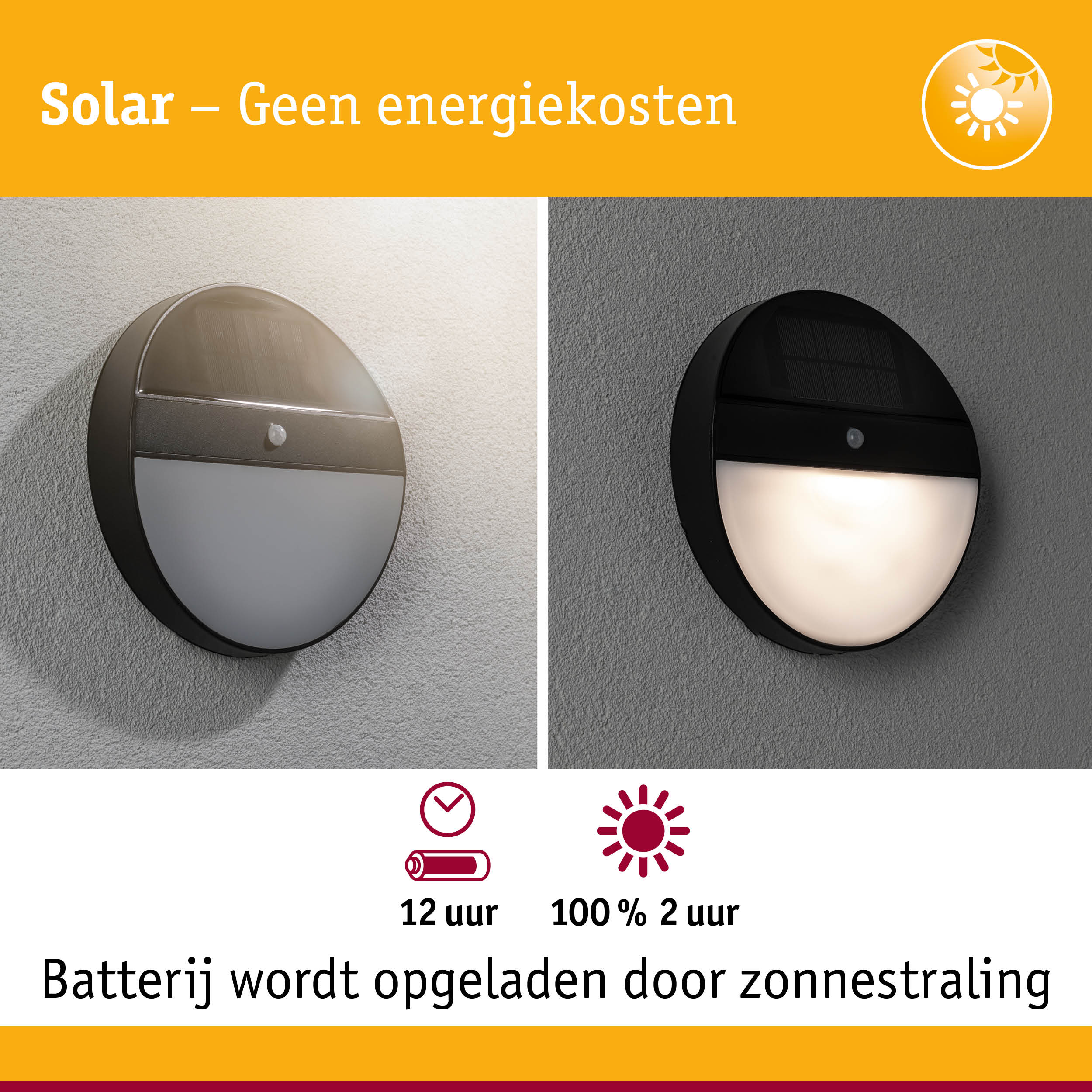 Ronde zwarte solar wandlamp met bewegingssensor aan grijze muur, energiezuinige buitenverlichting