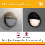 Ronde zwarte solar wandlamp met bewegingssensor aan grijze muur, energiezuinige buitenverlichting
