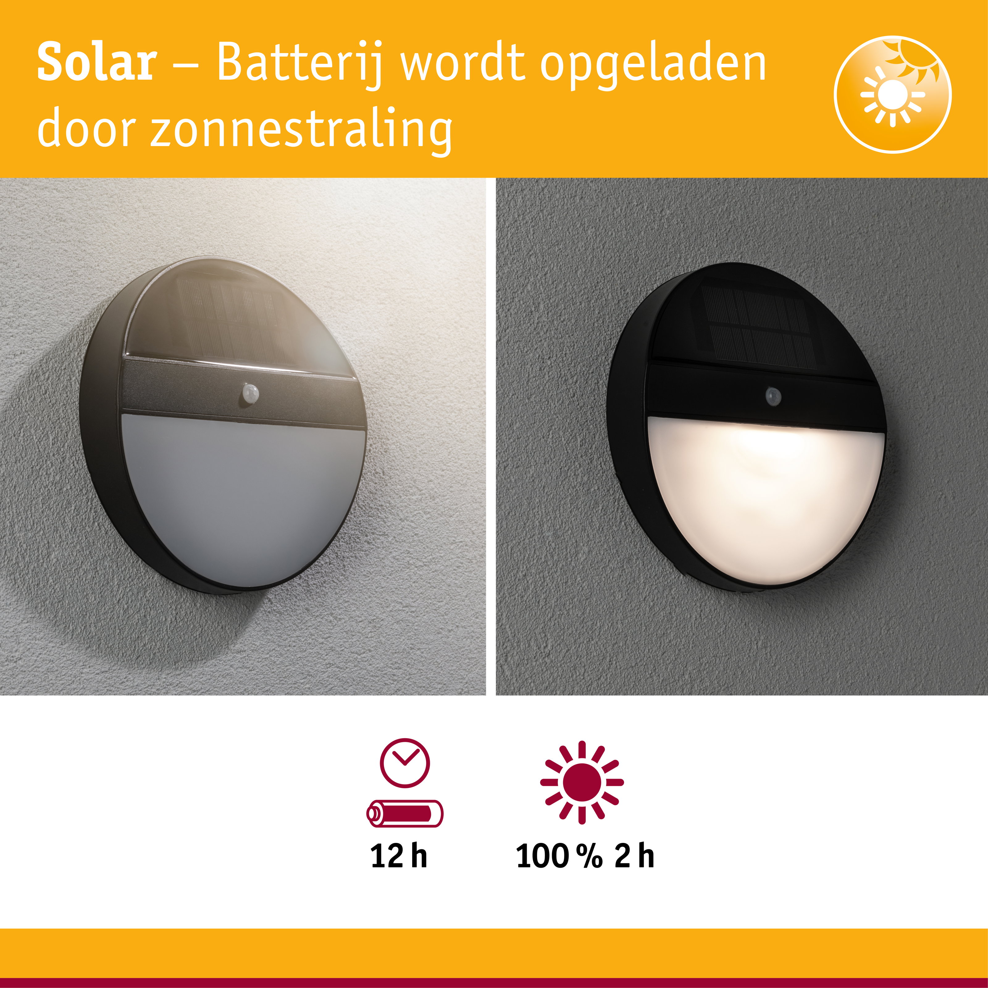 Ronde zwarte solar wandlamp met bewegingssensor aan grijze muur, energiezuinige buitenverlichting