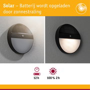 Ronde zwarte solar wandlamp met bewegingssensor aan grijze muur, energiezuinige buitenverlichting