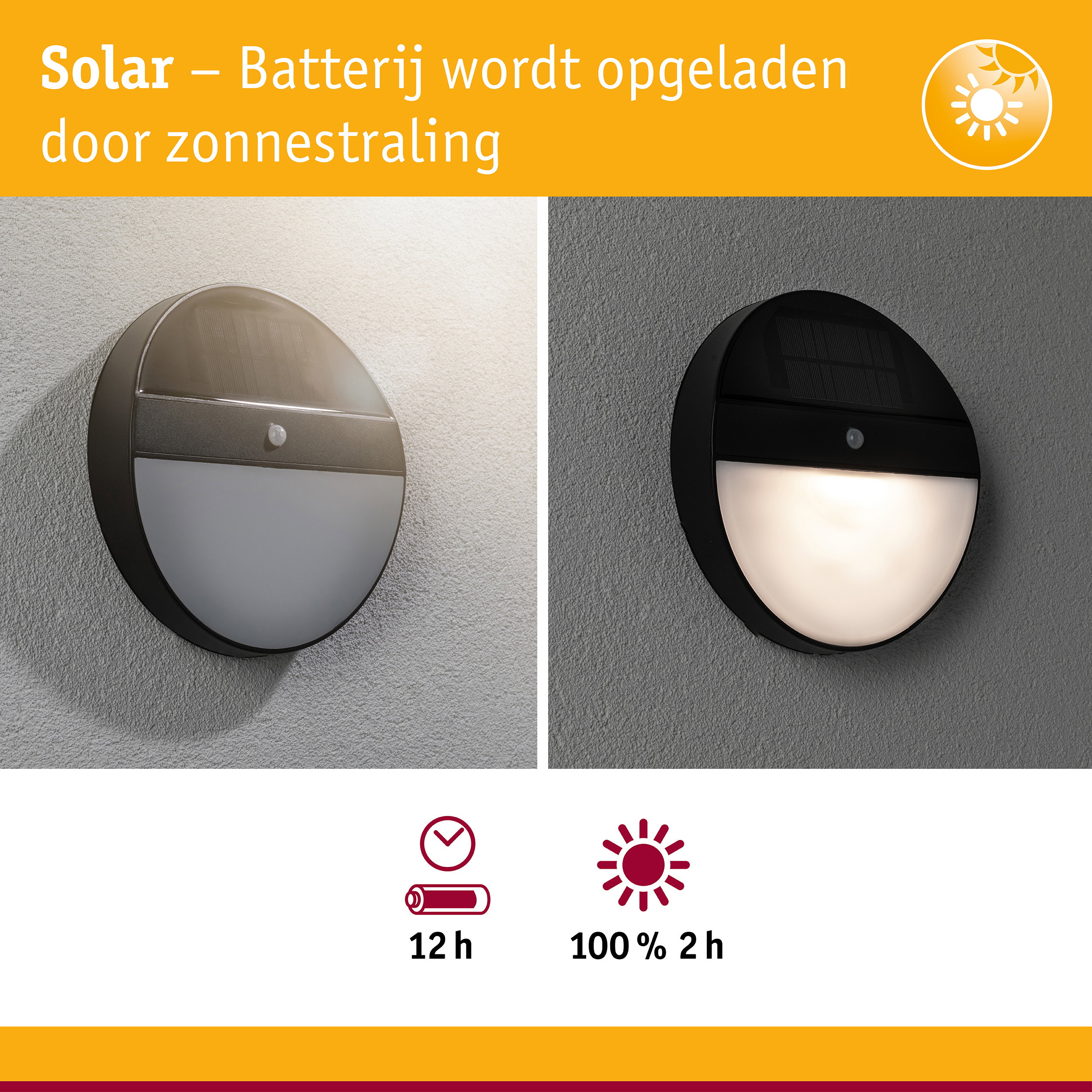 Ronde zwarte solar wandlamp met bewegingssensor aan grijze muur, energiezuinige buitenverlichting
