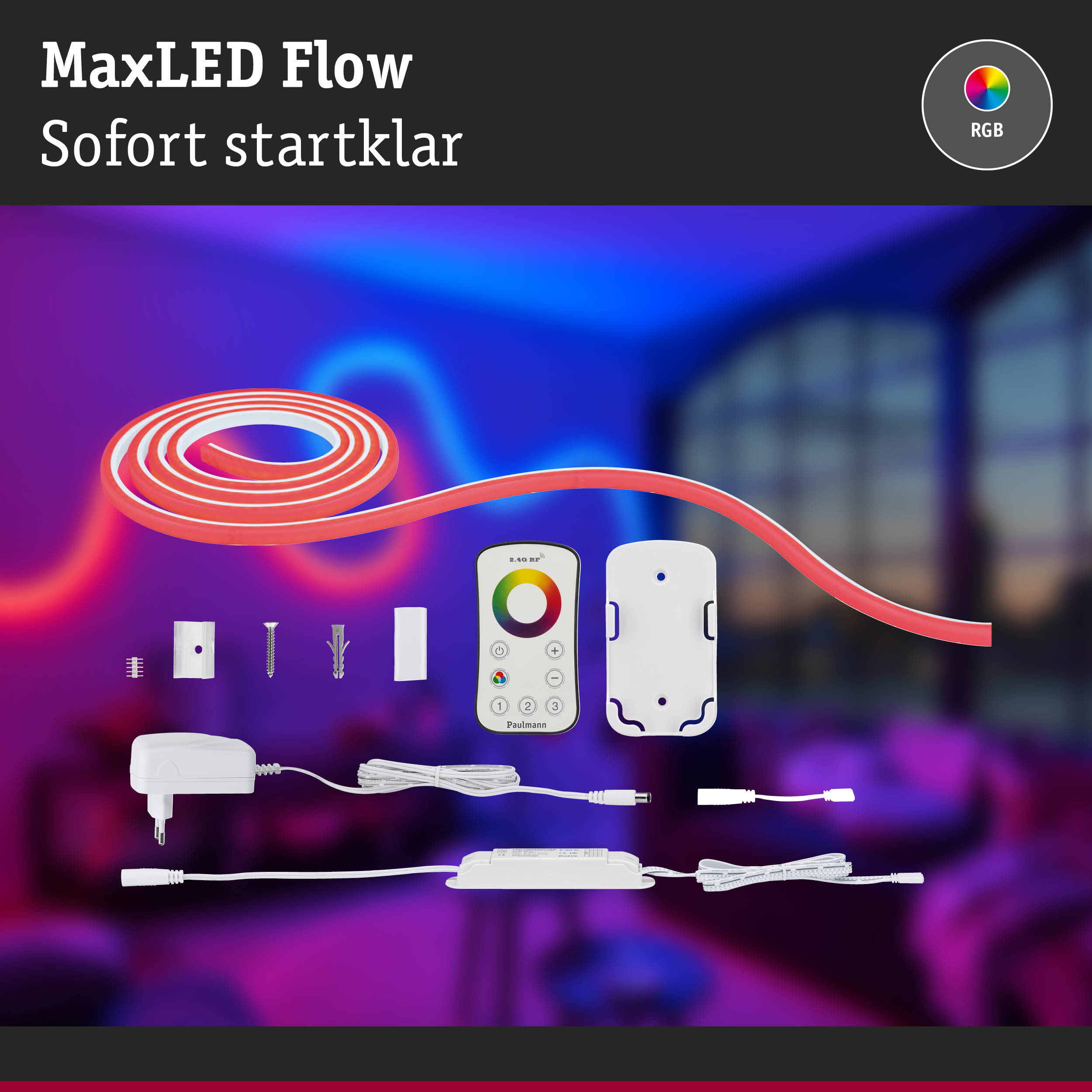 MaxLED Flow RGB LED-Lichtband in Rot mit Fernbedienung und Netzteil für smarte Beleuchtung