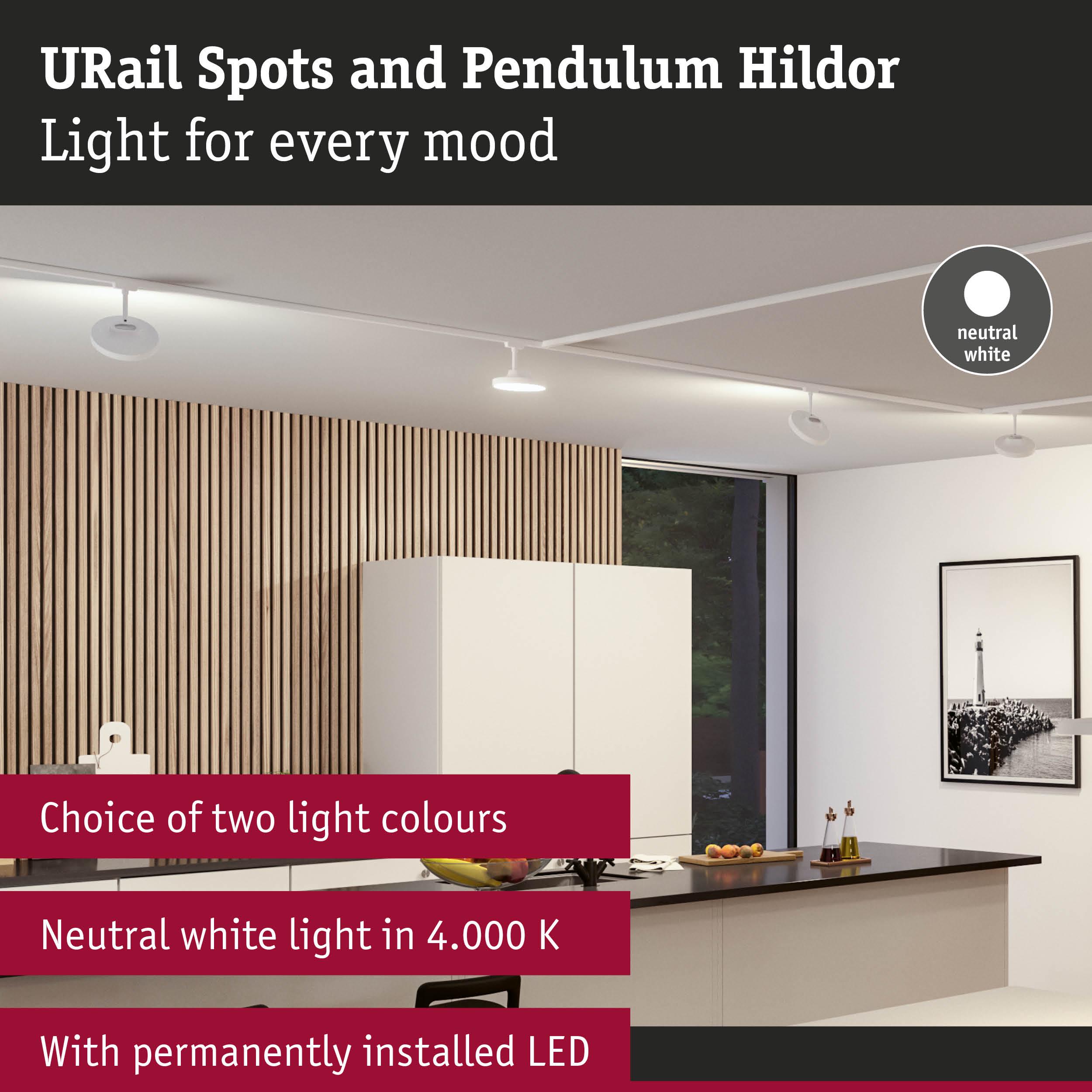 Modern white URail LED spotlights on ceiling in kitchen with wood panel wall and neutral white light