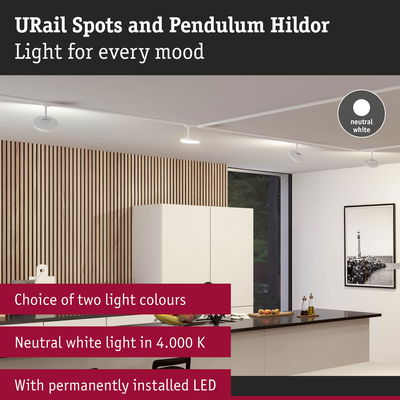 Modern white URail LED spotlights on ceiling in kitchen with wood panel wall and neutral white light