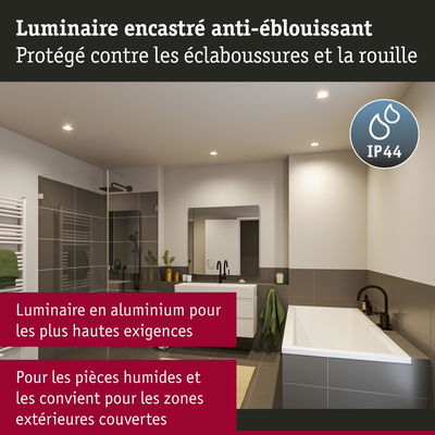 Luminaire encastré en aluminium blanc pour pièces humides avec protection IP44 contre éclaboussures et rouille