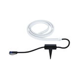 Bande LED blanche flexible avec câble noir et piquet de terre pour éclairage extérieur.