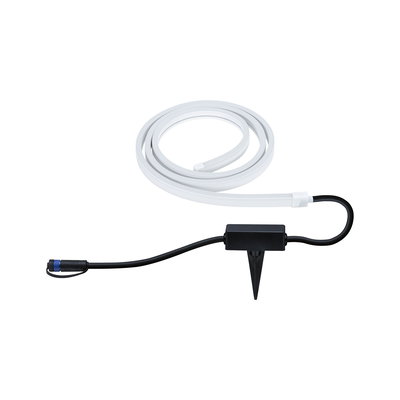 Flexible white LED light strip with black connector cable and ground spike for outdoor lighting.