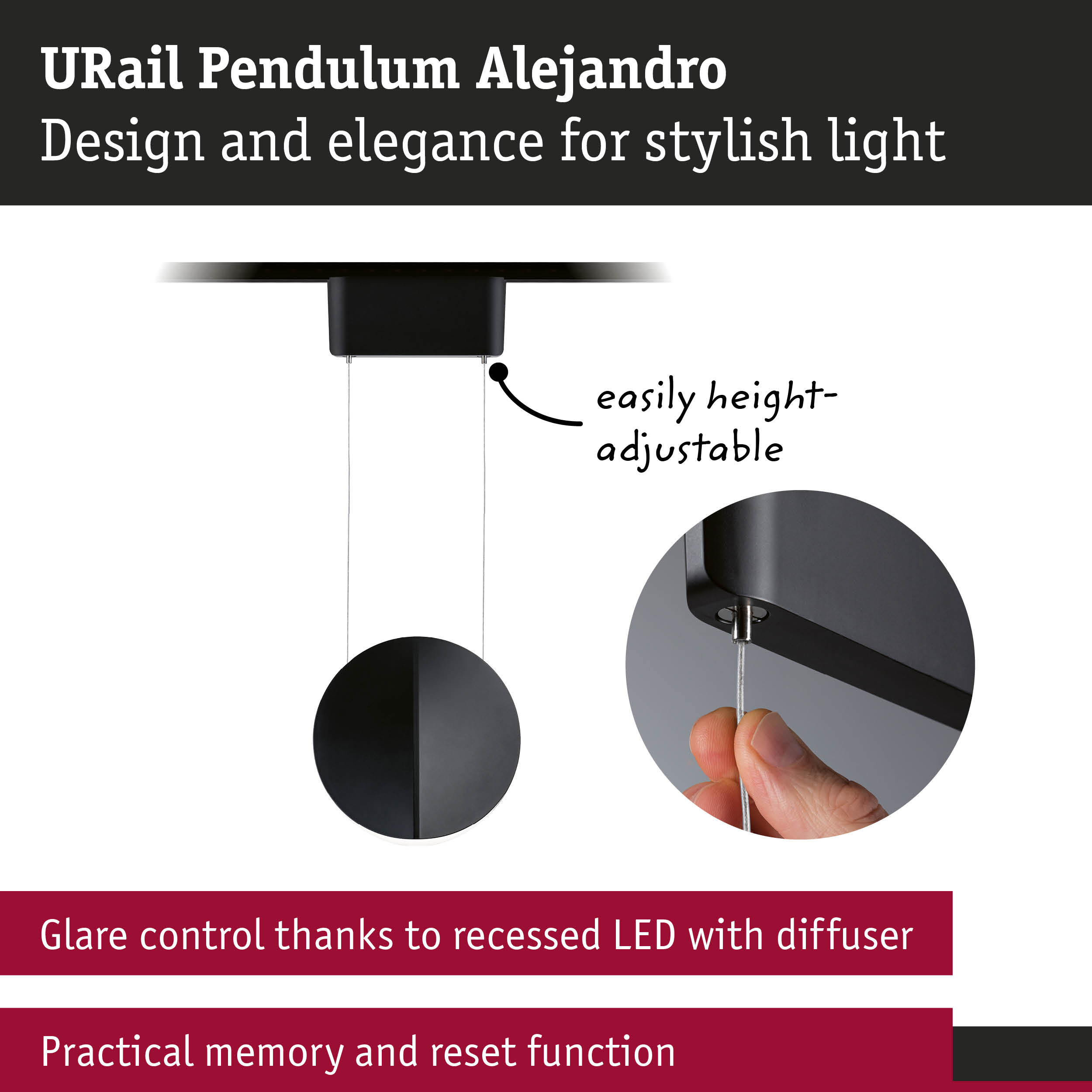URail Pendulum Alejandro black pendant light with height adjustment and recessed LED glare control
