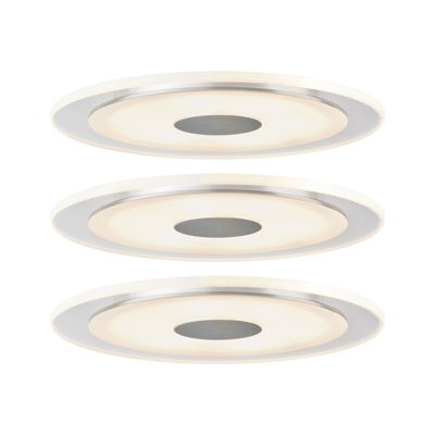 Three round LED ceiling lights with white diffuser and silver rim for modern room lighting