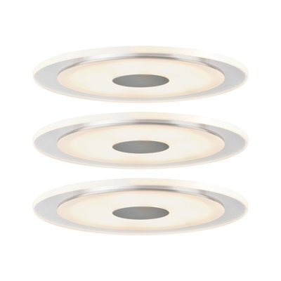 Three round LED ceiling lights with white diffuser and silver rim for modern room lighting