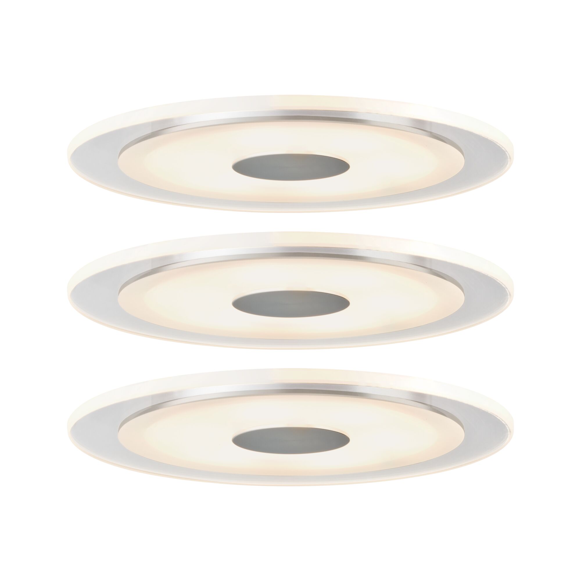 Three round LED ceiling lights with white diffuser and silver rim for modern room lighting