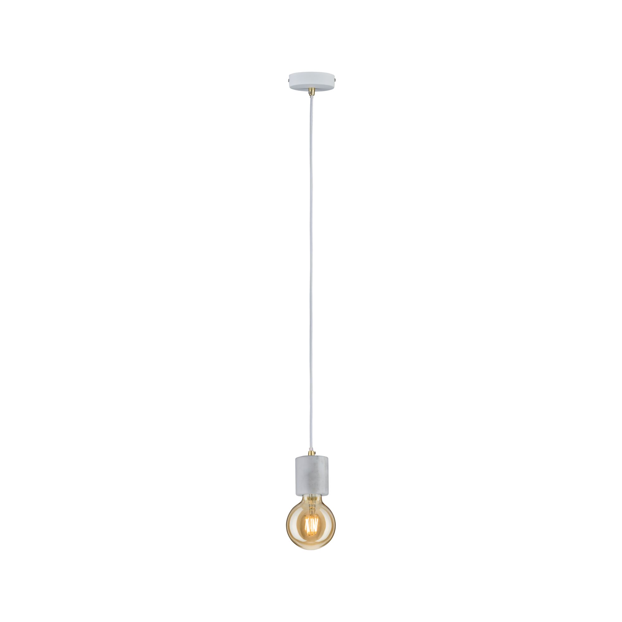 Minimalist pendant light in grey concrete with warm LED bulb for modern interior lighting