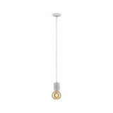 Minimalist pendant light in grey concrete with warm LED bulb for modern interior lighting