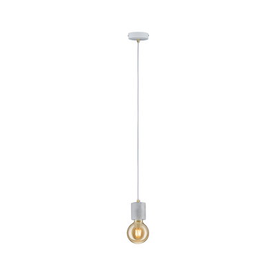 Minimalist pendant light in grey concrete with warm LED bulb for modern interior lighting