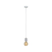 Minimalist pendant light in grey concrete with warm LED bulb for modern interior lighting