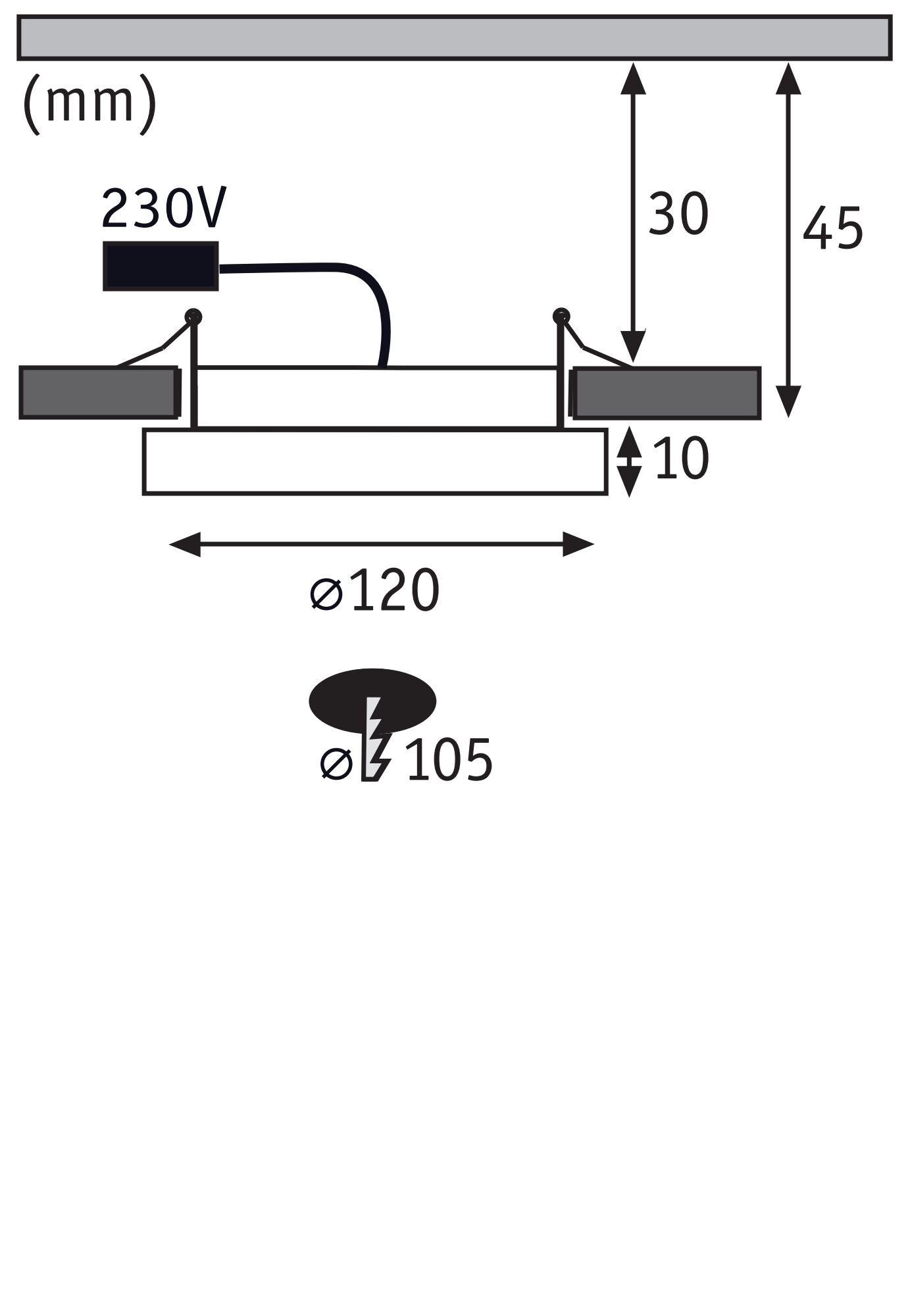 Schéma technique d'un spot encastré de 120 mm de diamètre avec connexion 230V, dimensions en mm.
