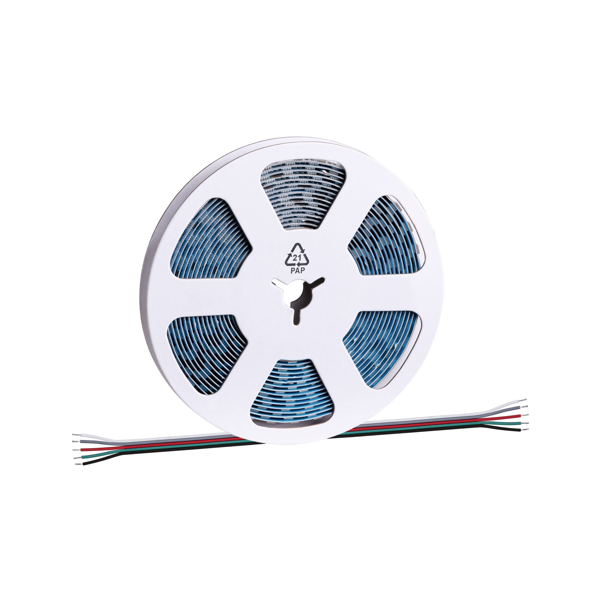 Reel of blue LED strip light with multicoloured wires for versatile lighting applications