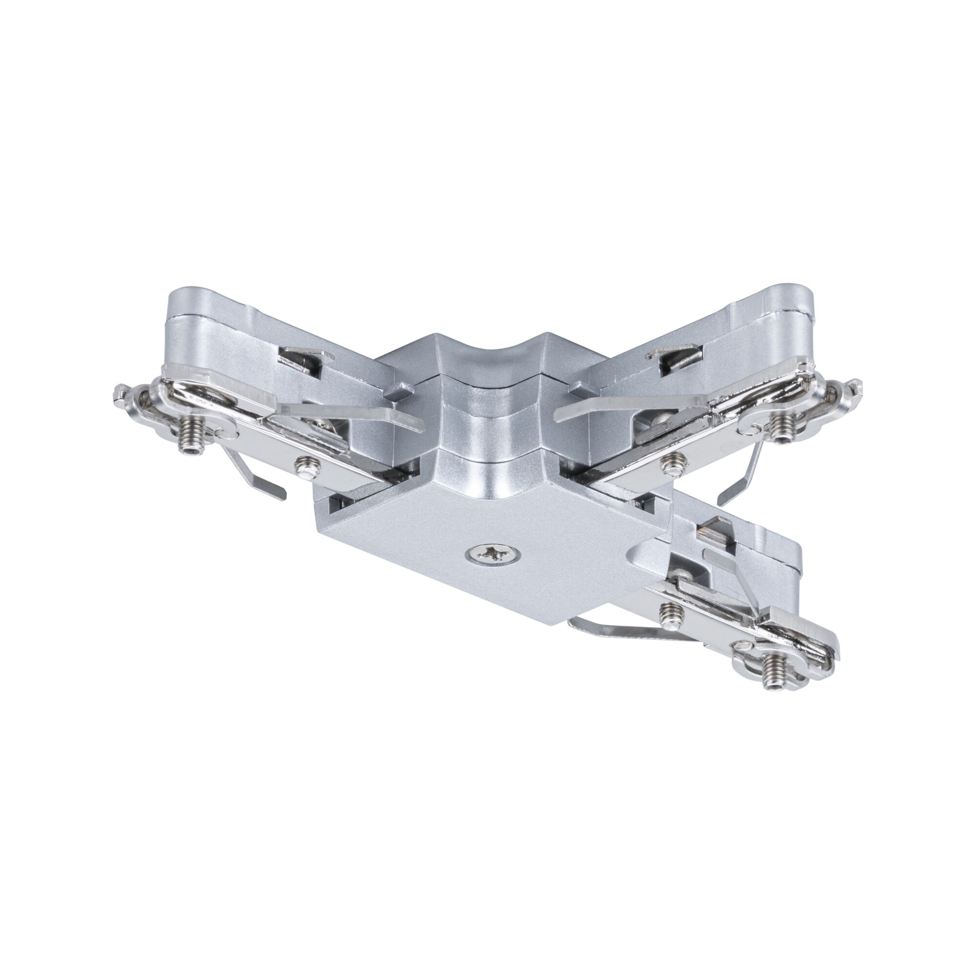 Zilverkleurige metalen connector voor railsystemen met schroeven en klemmen voor montage