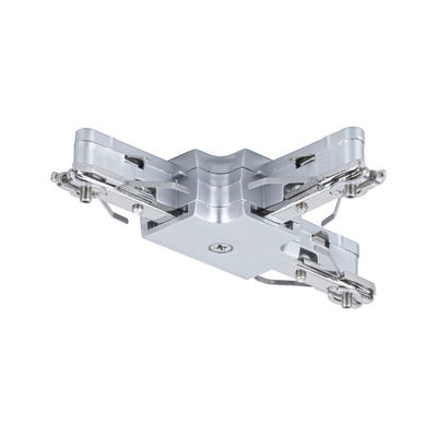 Zilverkleurige metalen connector voor railsystemen met schroeven en klemmen voor montage