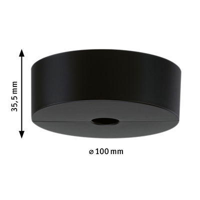 Rundes schwarzes Kunststoff-Deckenelement mit 100 mm Durchmesser und 35,5 mm Höhe für Beleuchtung.