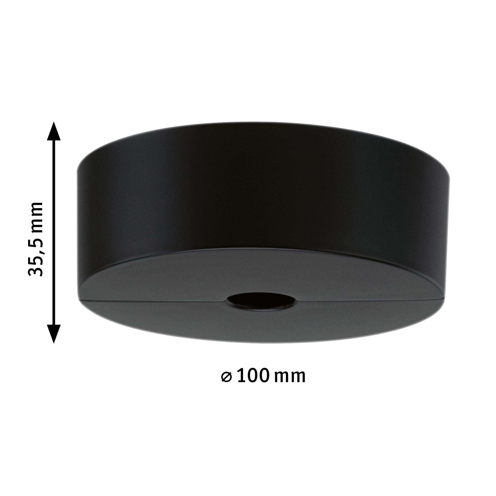 Rundes schwarzes Kunststoff-Deckenelement mit 100 mm Durchmesser und 35,5 mm Höhe für Beleuchtung.