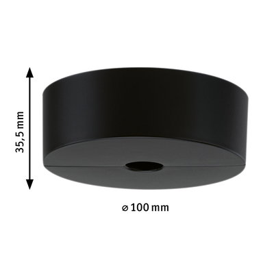 Rundes schwarzes Kunststoff-Deckenelement mit 100 mm Durchmesser und 35,5 mm Höhe für Beleuchtung.