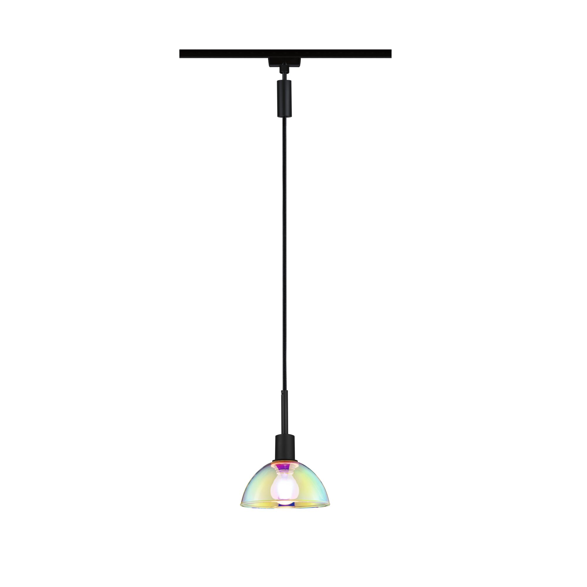 Suspension moderne avec verre irisé et câble noir pour un éclairage élégant