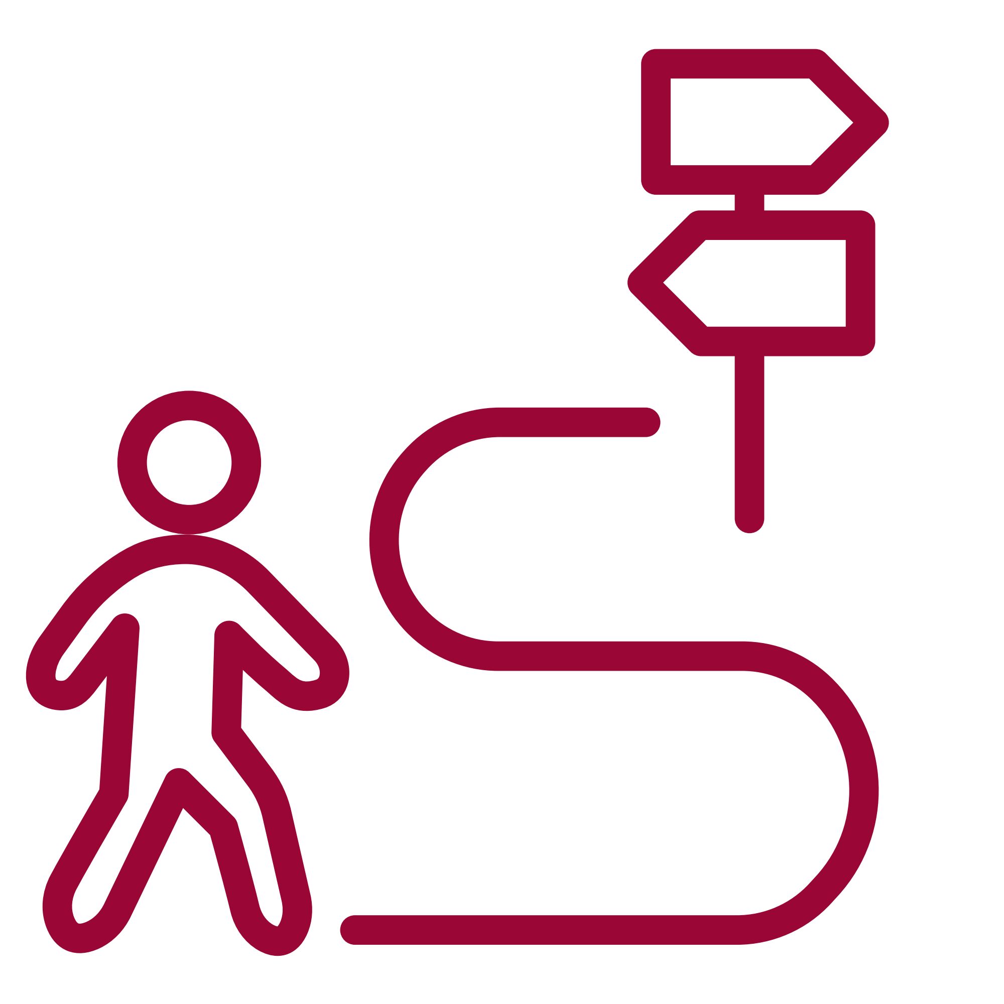 Roter Liniengrafik-Piktogramm mit Person und Wegweiser symbolisiert Karriereweg und Lernperspektiven