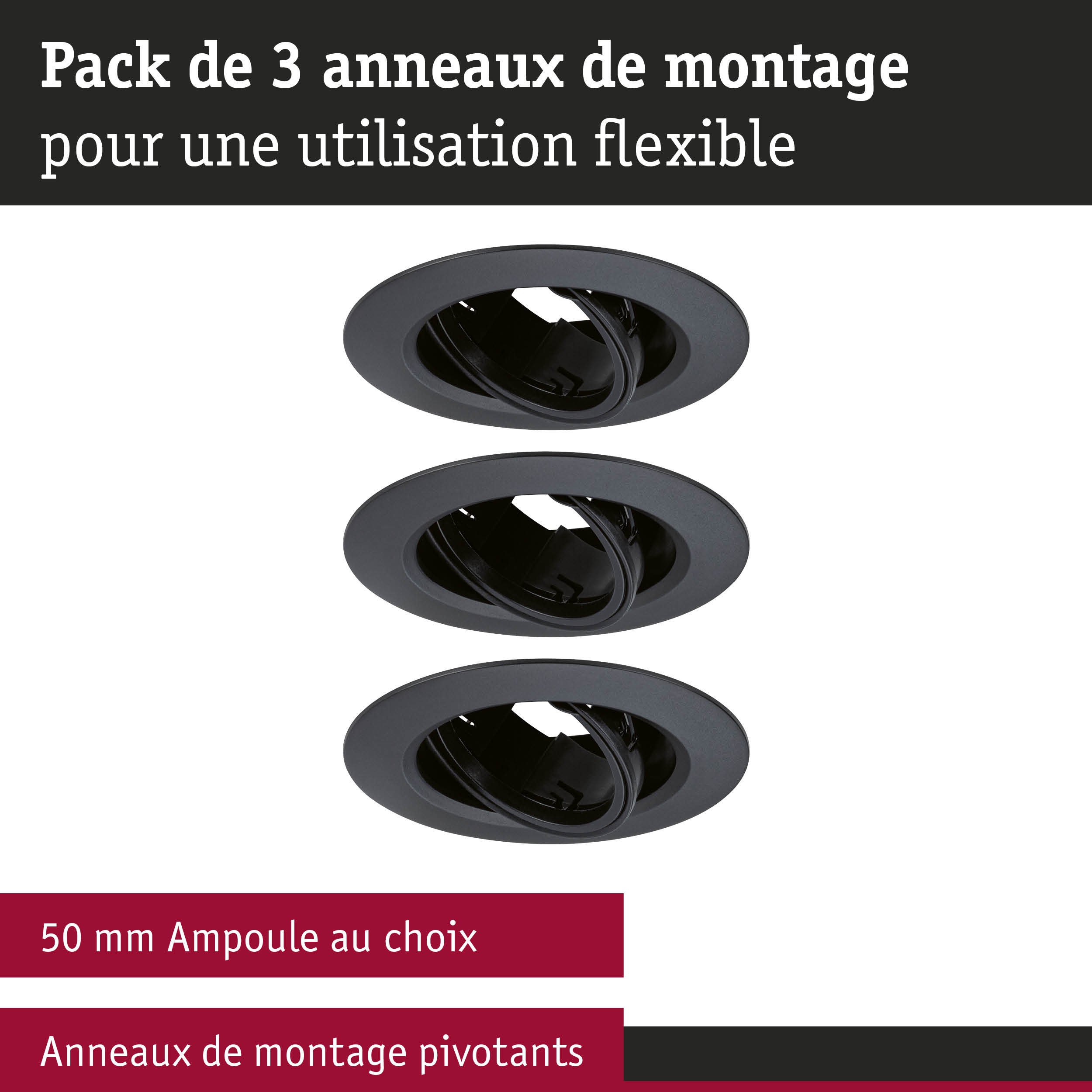 Pack de 3 anneaux de montage pivotants noirs en plastique pour ampoules 50 mm