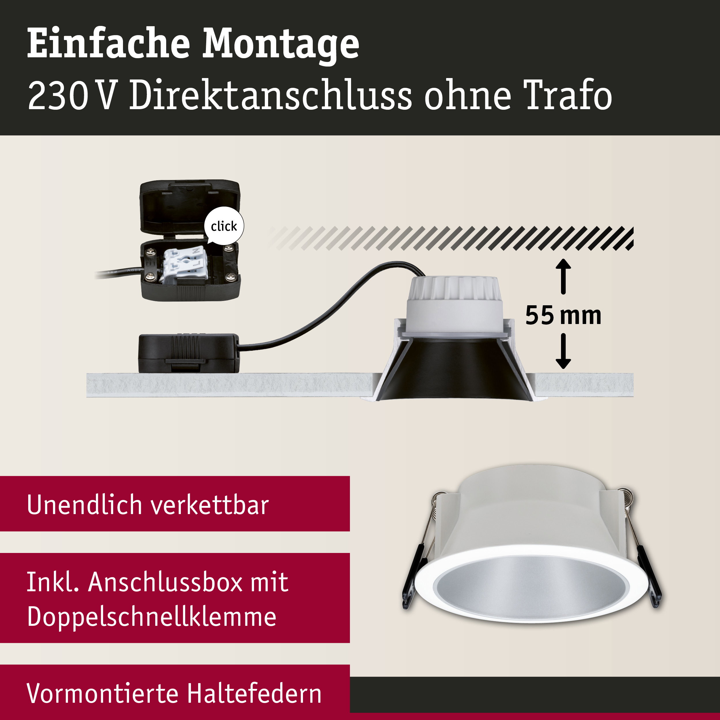 Weißer Einbaustrahler mit Anschlussbox und Doppelschnellklemme, 55 mm Einbautiefe, LED Deckeneinbauleuchte