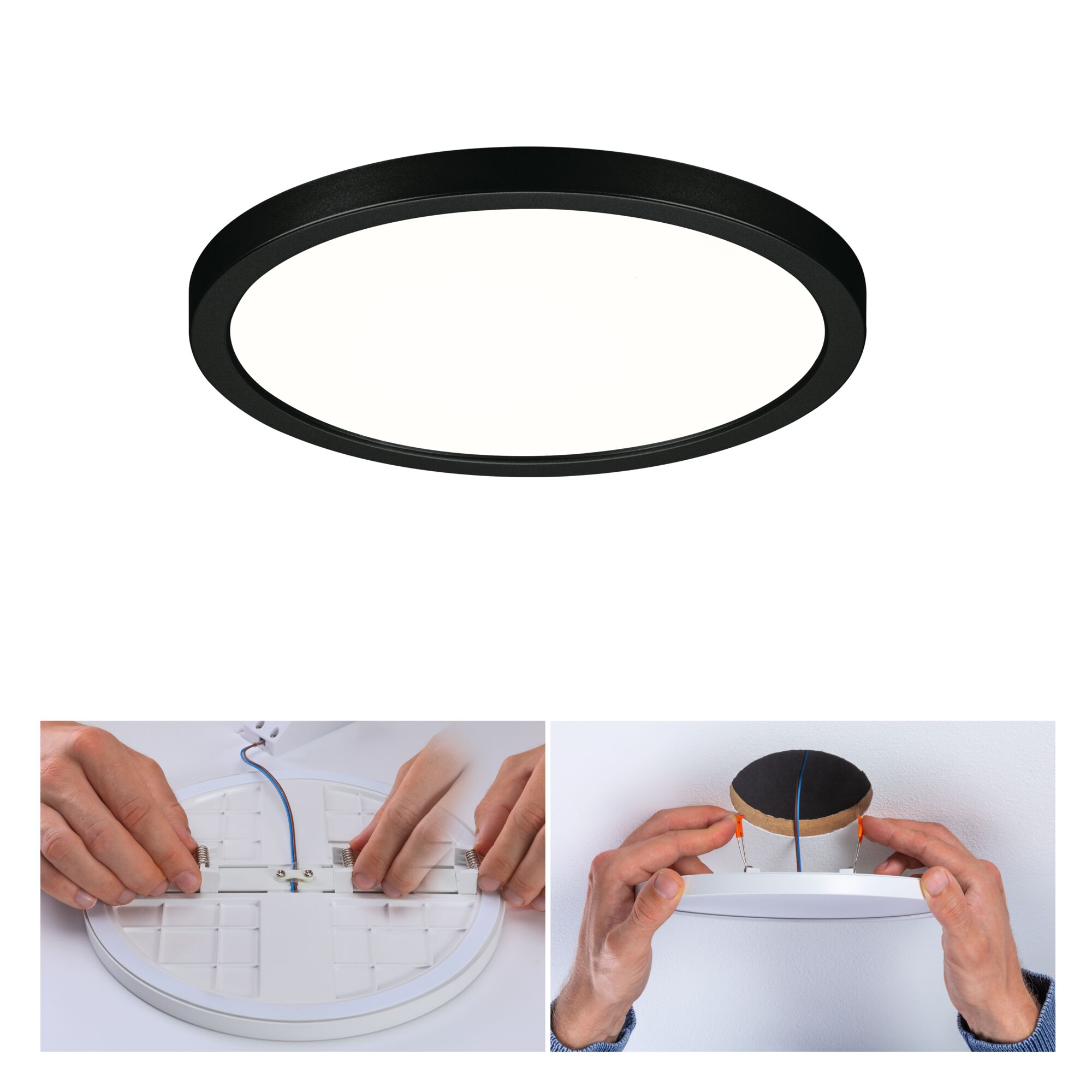 Round LED ceiling light with black frame and white diffuser, installation steps showing spring clips.