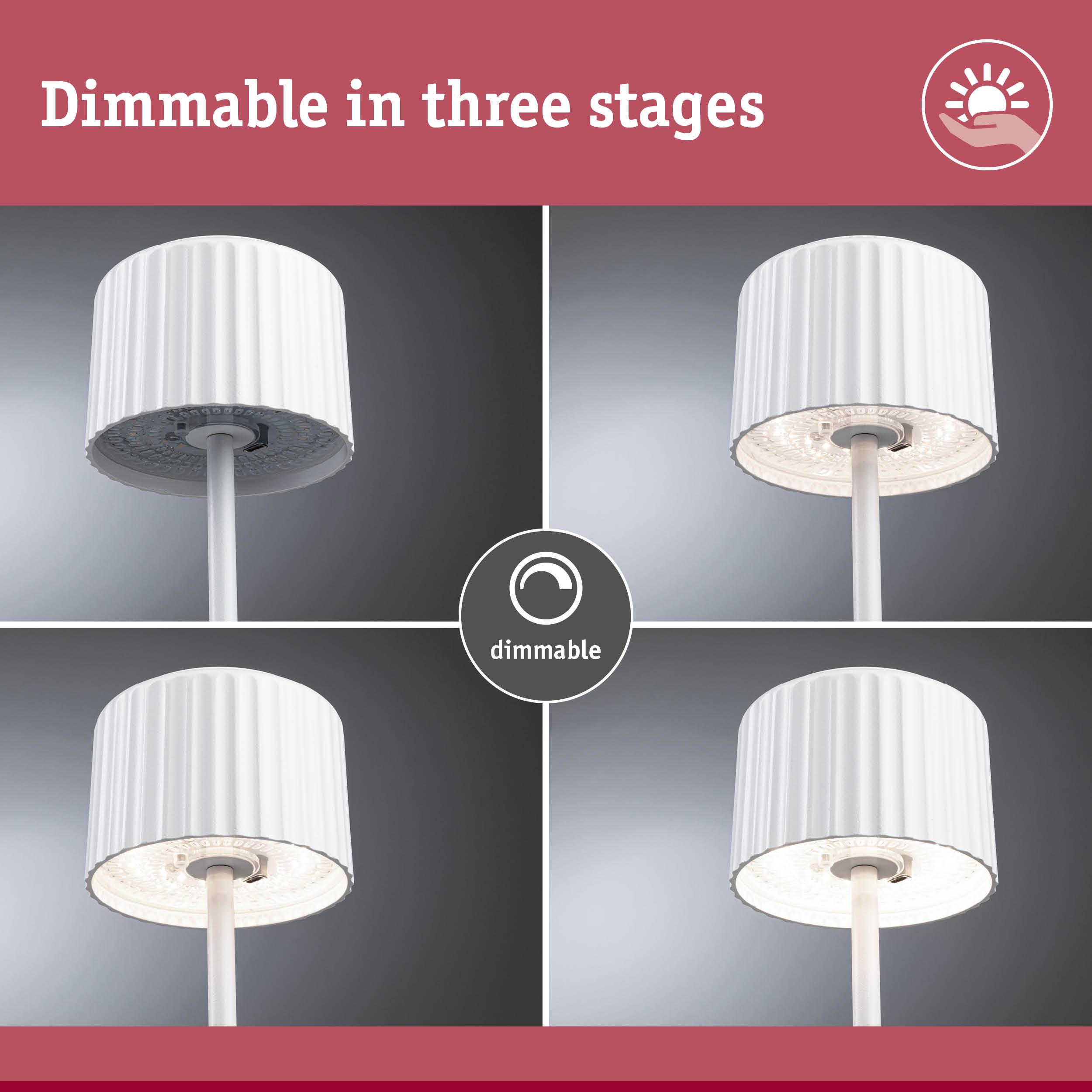 White dimmable LED floor lamp with ribbed shade showing three brightness levels for living spaces