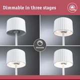 White dimmable LED floor lamp with ribbed shade showing three brightness levels for living spaces