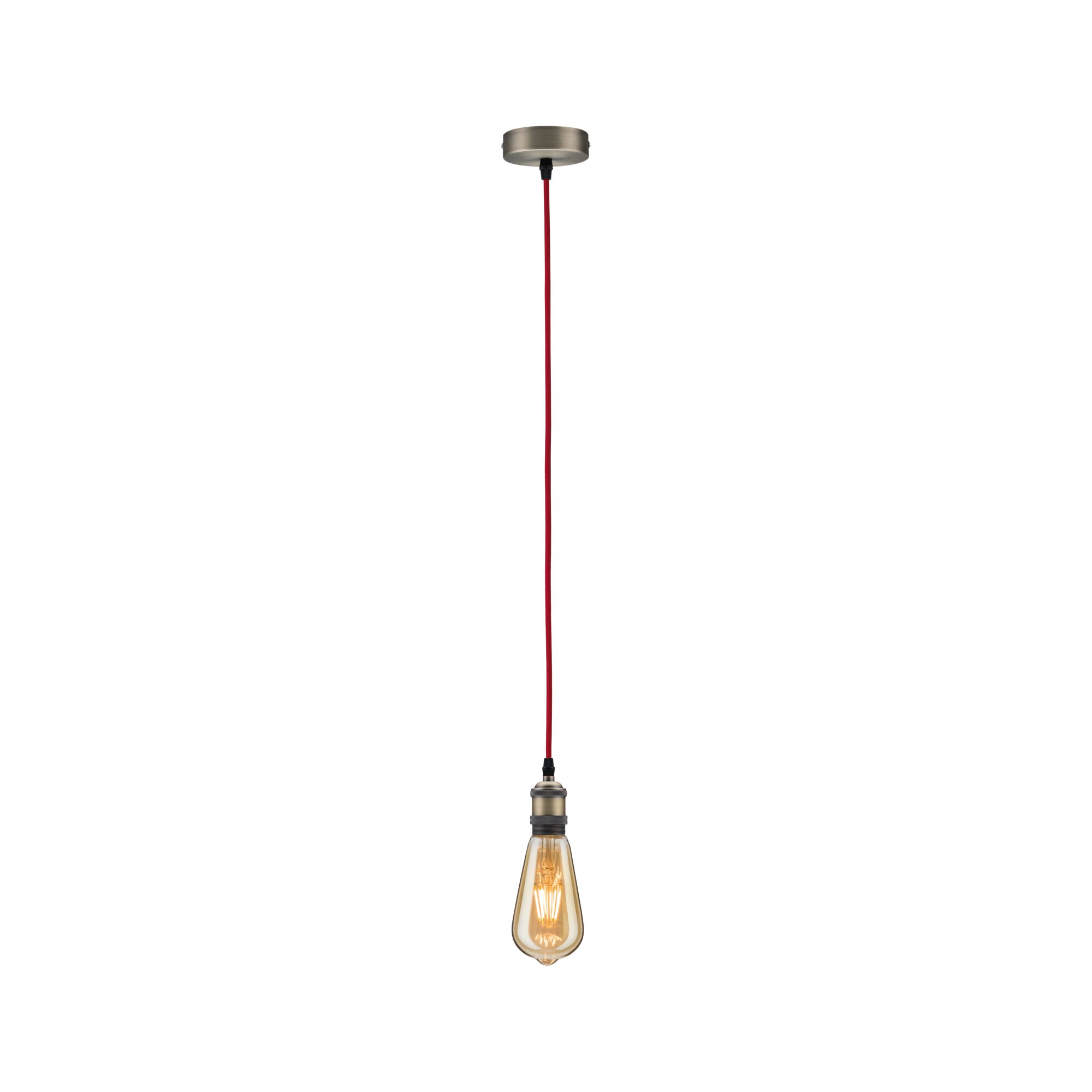 Pendant lamp with red fabric cable and vintage bulb emitting warm light for stylish room lighting