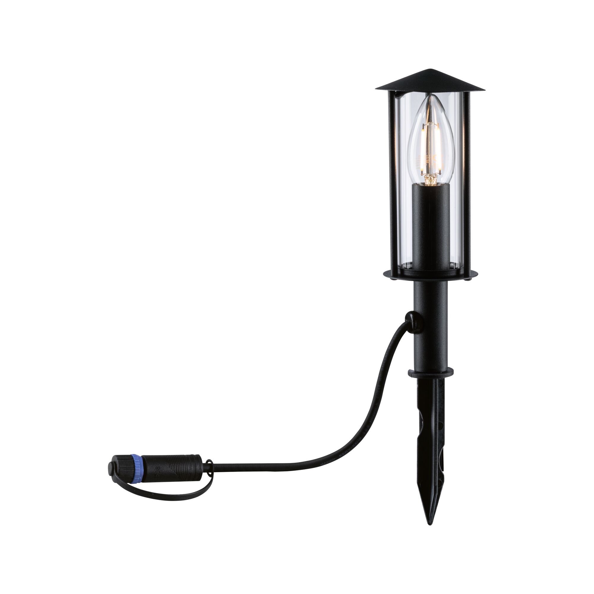 Schwarze Außenleuchte mit Glasgehäuse und Erdspieß, Kabel mit Steckverbinder für Gartenbeleuchtung