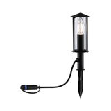 Zwarte buitenlamp met glazen kap en grondpen, kabel met connector voor tuinverlichting